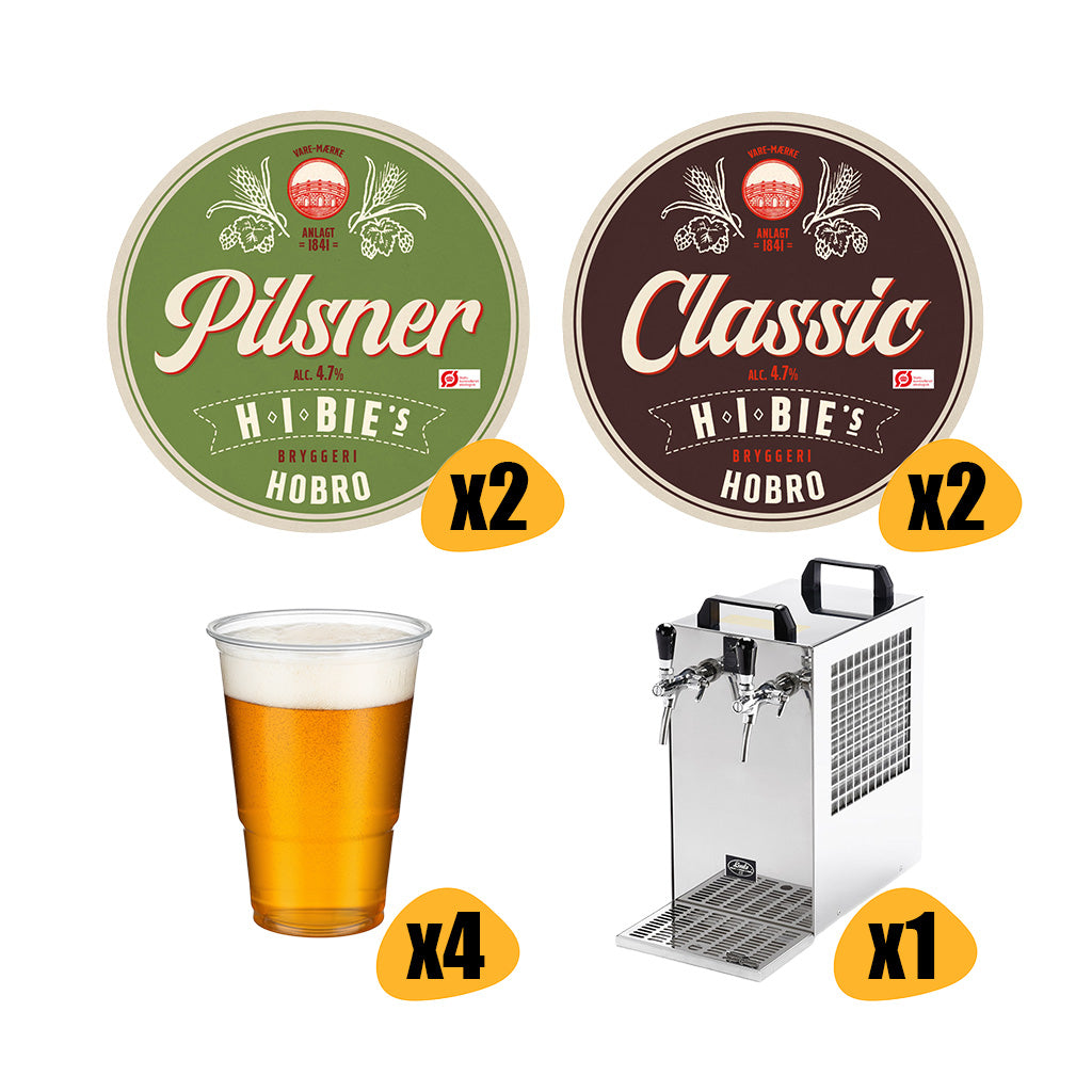 Bies Festpakke med fadølsanlæg, 80L Bies Pilsner og Classic fadøl og glas til 40-50 personer
