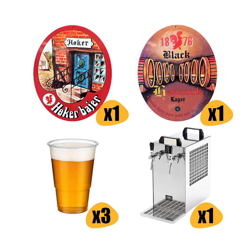 Hancock Festpakke med fadølsanlæg, 60L Høker Bajer og Black Lager fadøl og glas til 30-35 personer